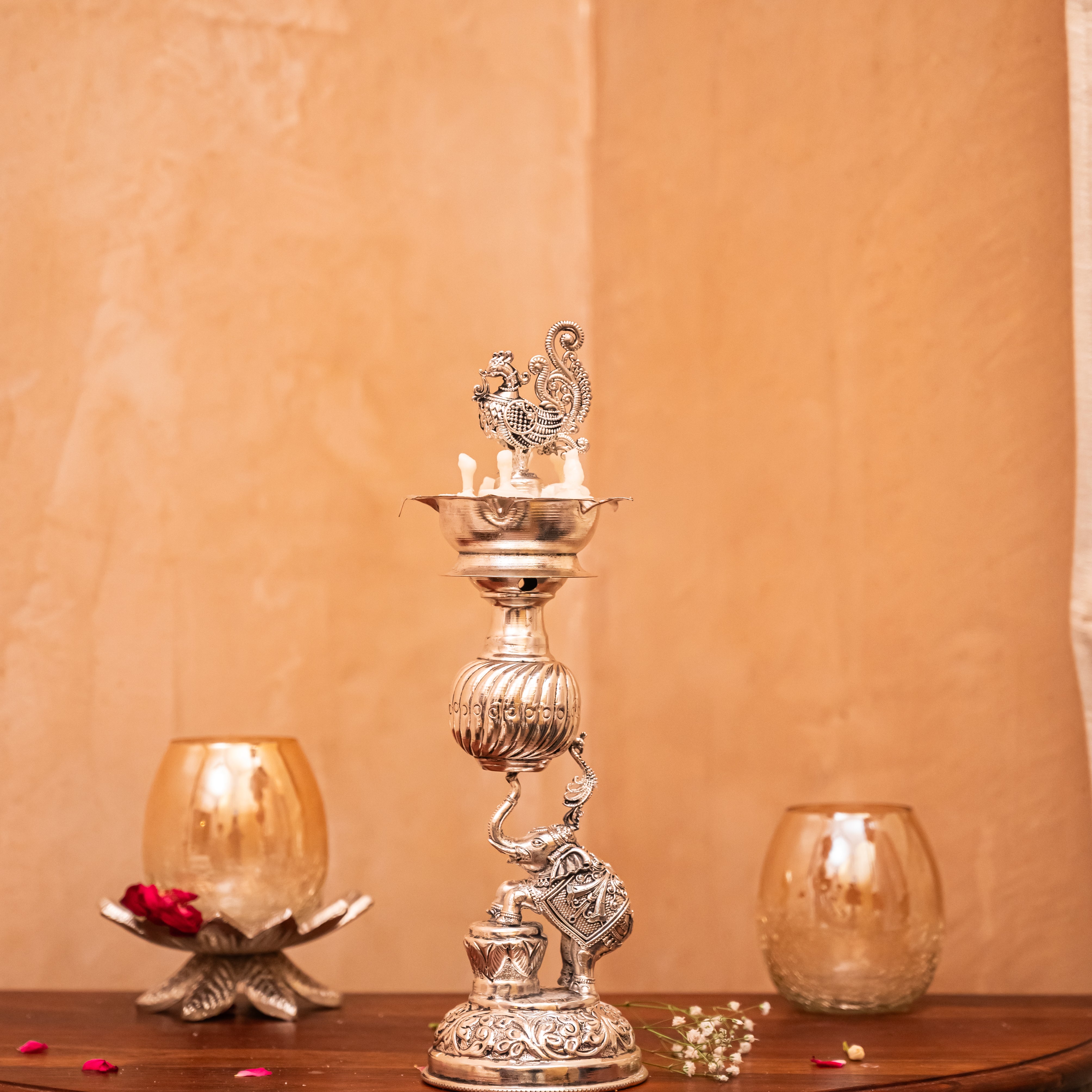 Silver-Plated Elephant and Peacock Diya