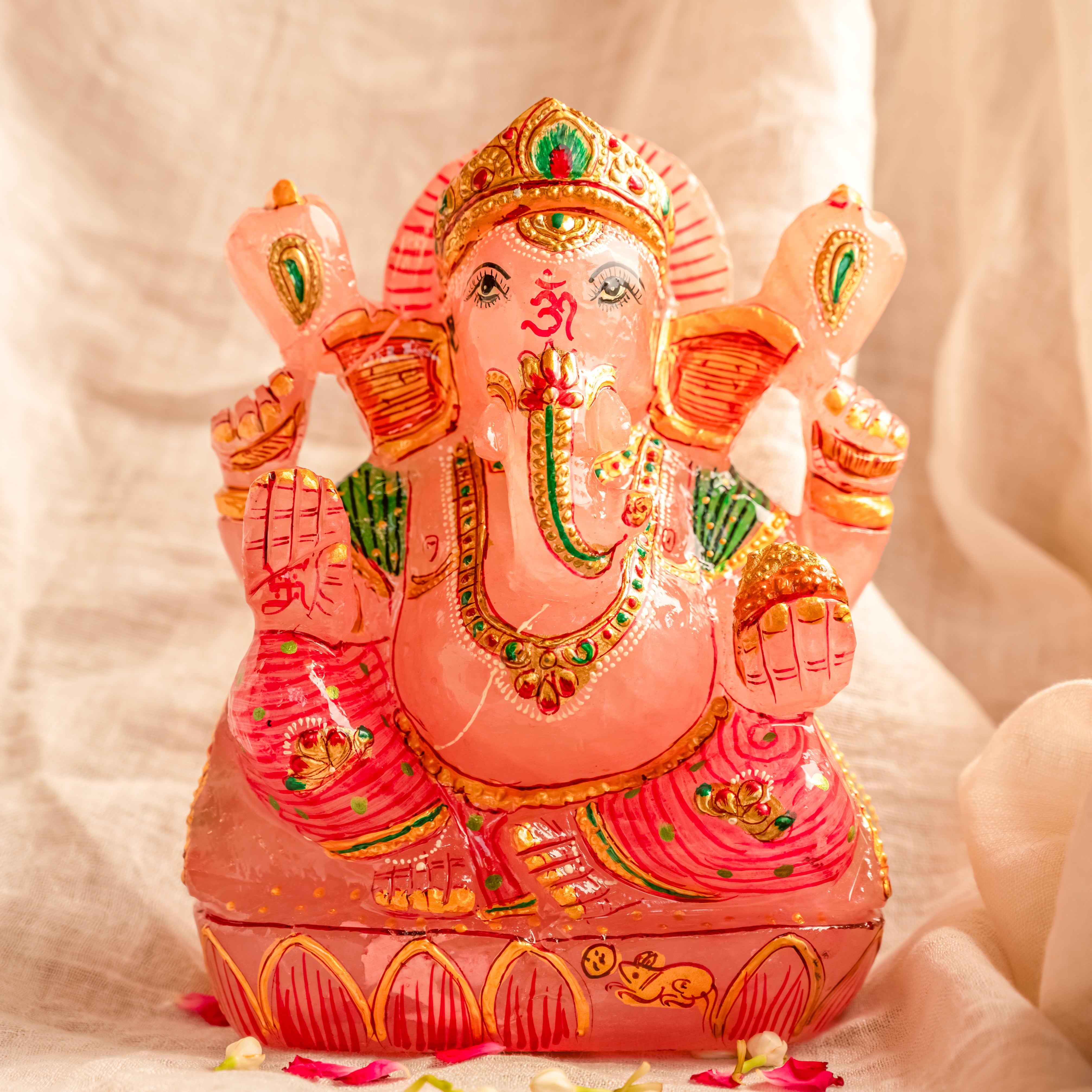 Rose Quartz Ganesha with Meenakari Accent