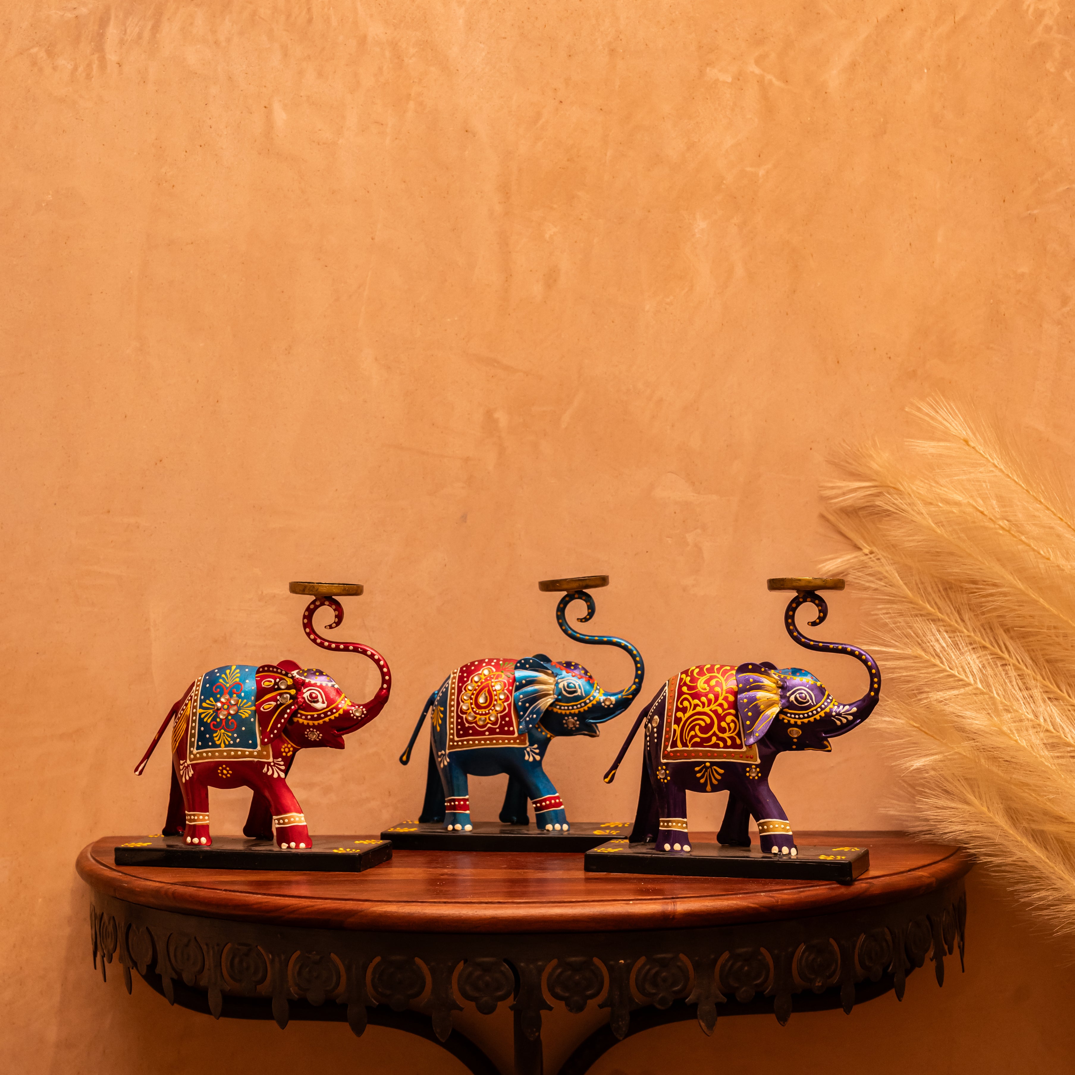 Set of 3 Elephants with Upside Trunks and Tea Light Holders