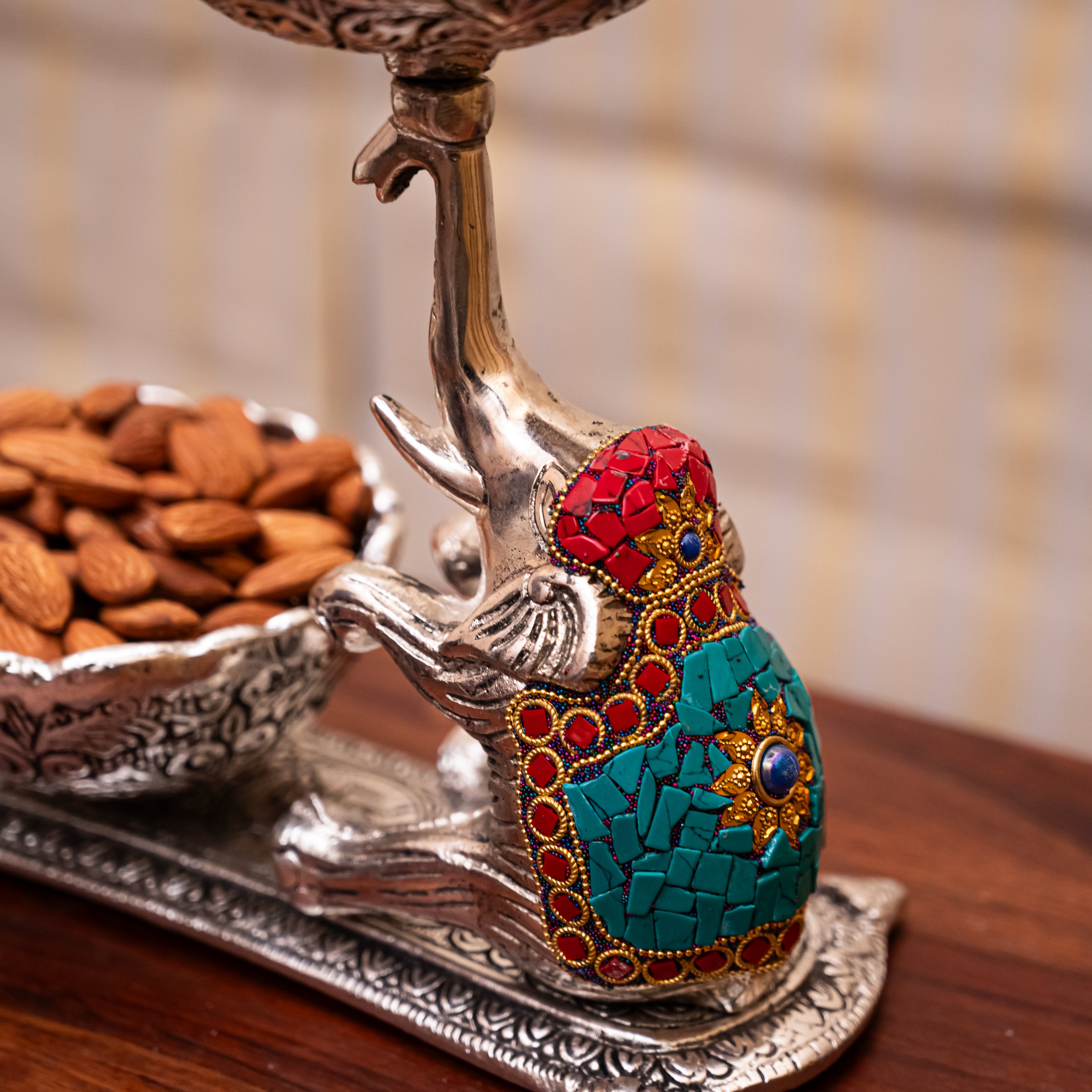 Upside Trunk Elephant for Dry Fruit Serving with Tangerine Quartz and Lapis Lazuli Details
