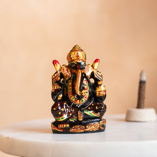 Black Obsidian Ganesh Ji with Meenakari Detailing