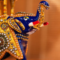 Hand carved, trunk up metal elephant with colourful inlay work
