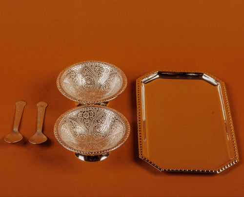 German Silver Plated 2 Bowl & Tray Set with Wooden Box | Luxury Gift Hamper