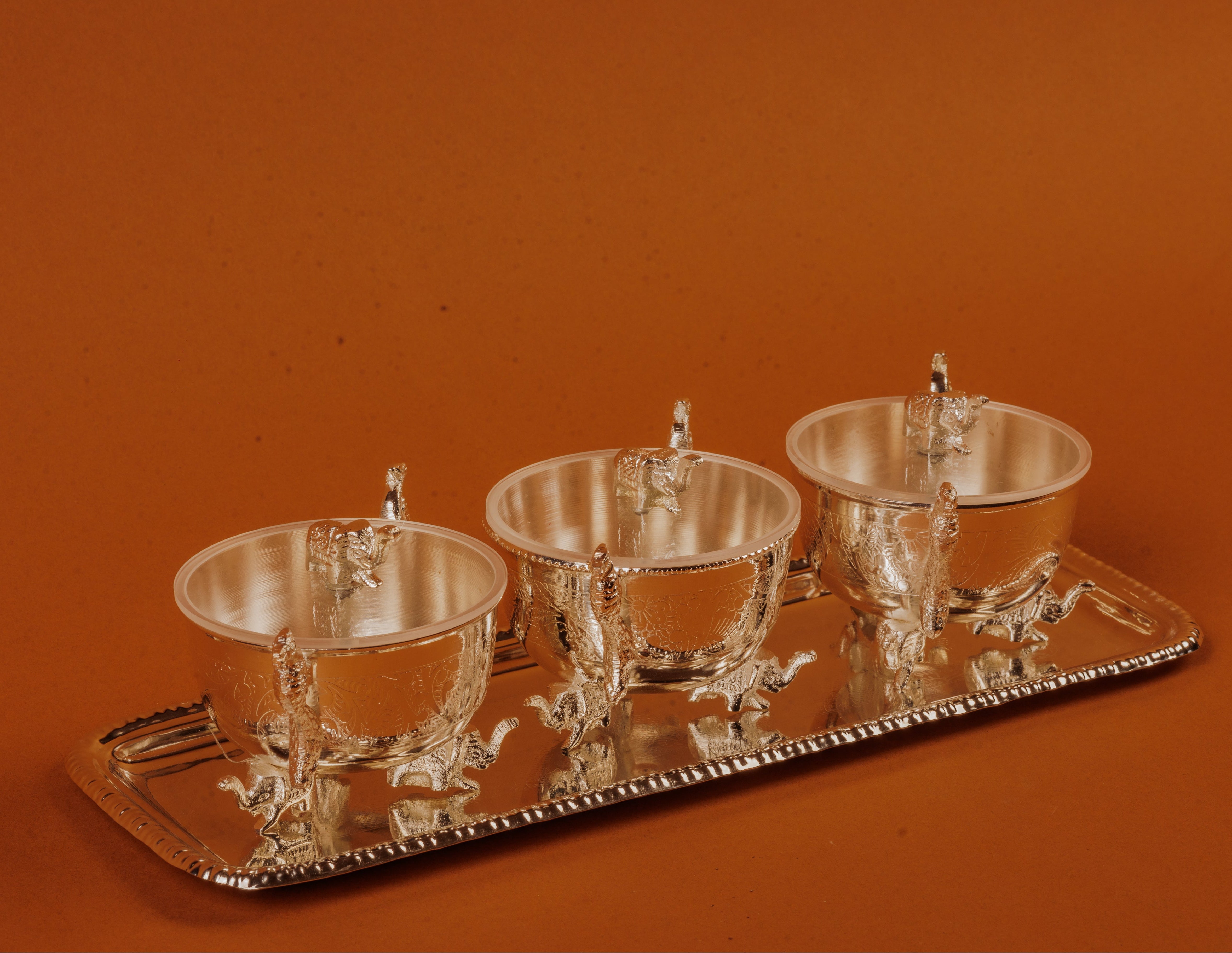 German Silver Plated Peacock Elephant Bowl Set of 3 | Luxury Gift