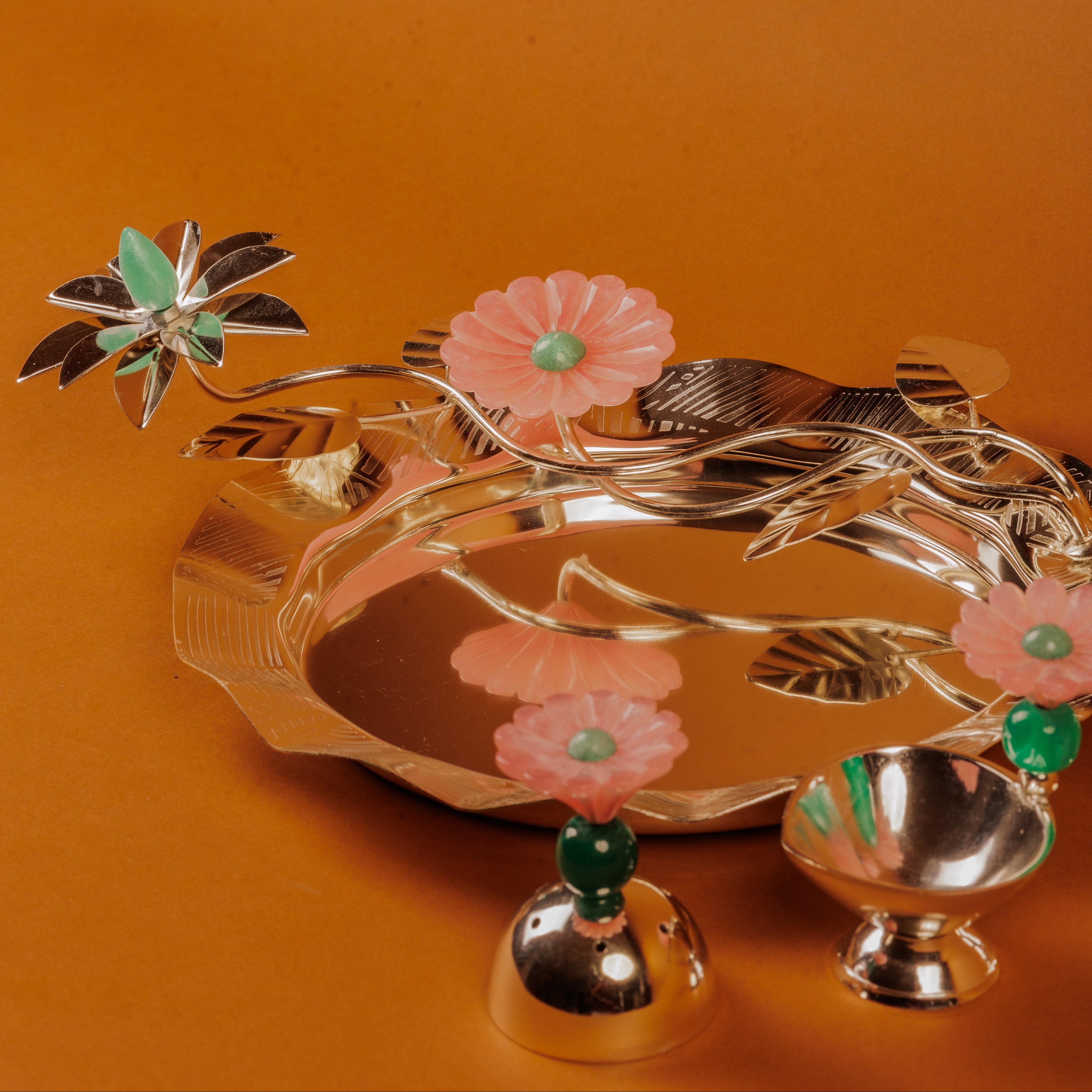 German Silver Flower Pooja Thali for Festivals & Rituals