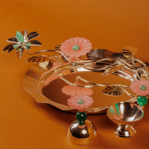 German Silver Flower Pooja Thali for Festivals & Rituals