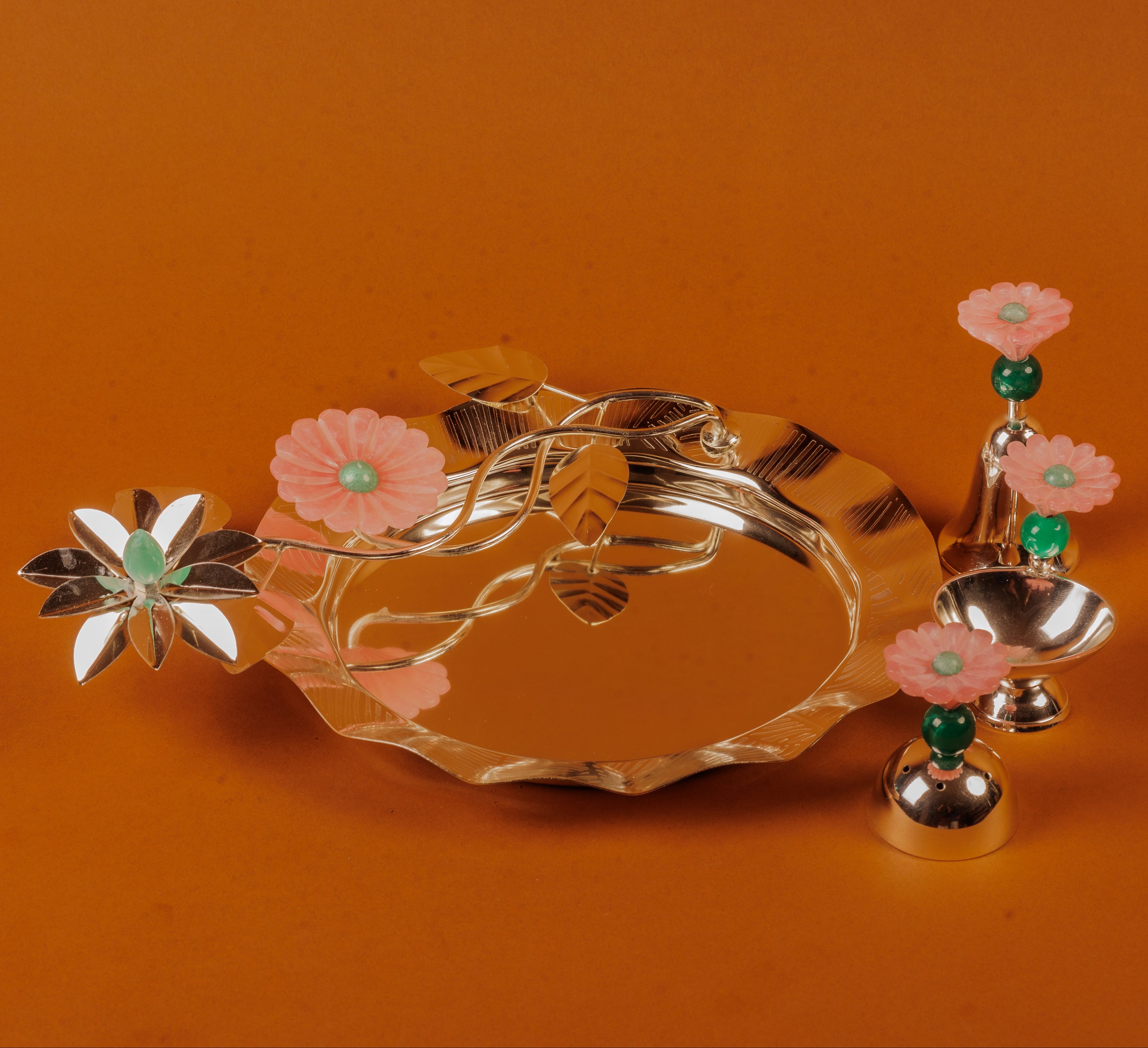 German Silver Flower Pooja Thali for Festivals & Rituals