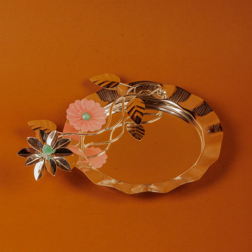 German Silver Flower Pooja Thali for Festivals & Rituals