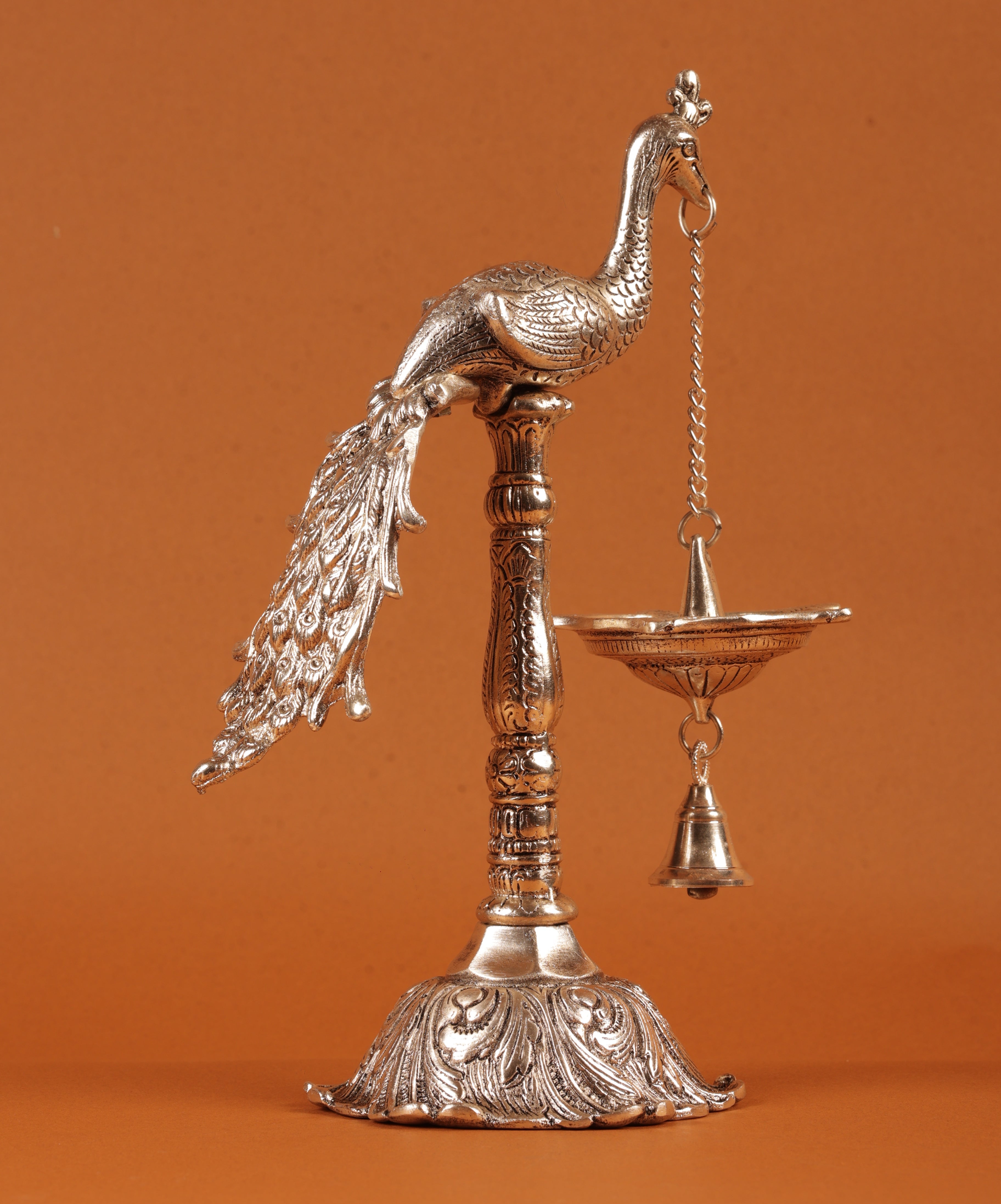 German Silver Plated Peacock with Hanging Diya