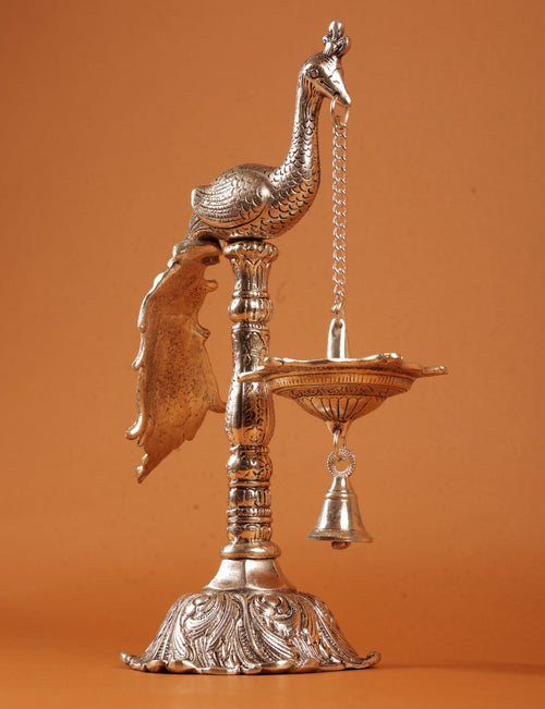 German Silver Plated Peacock with Hanging Diya