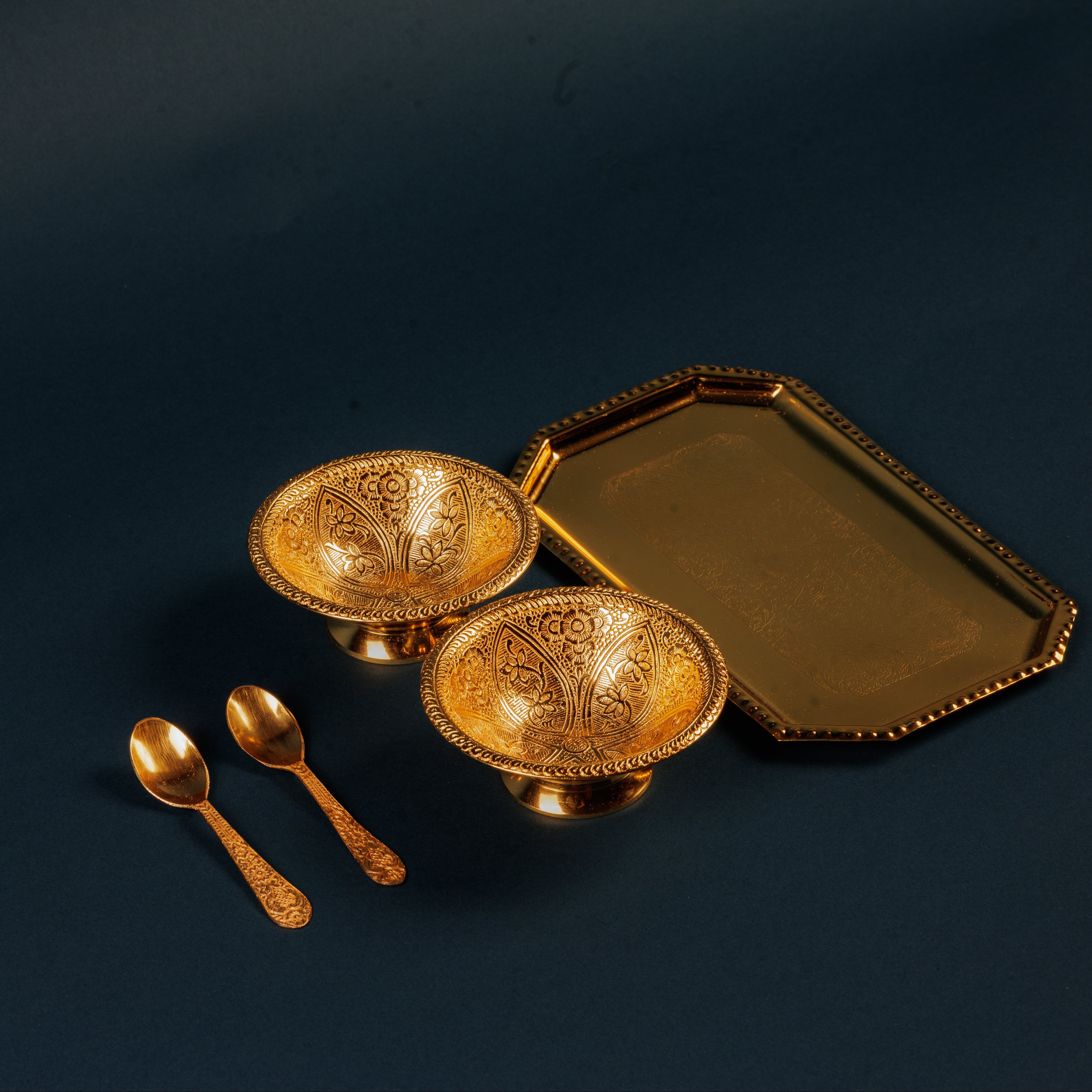 Gold Plated 2 Bowl & Tray Set with Wooden Box | Luxury Gift Hamper
