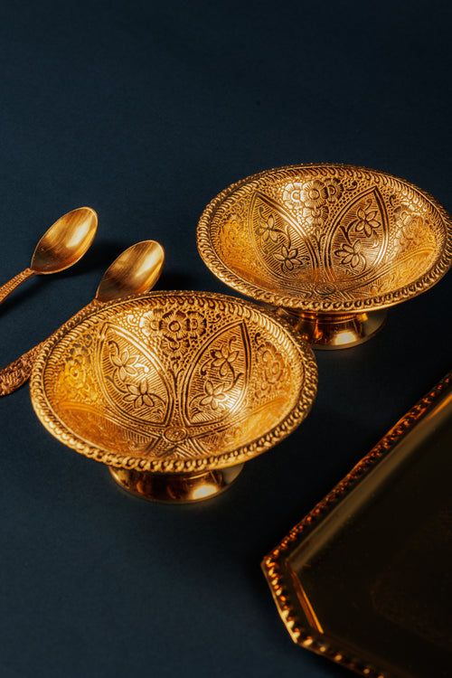 Gold Plated 2 Bowl & Tray Set with Wooden Box | Luxury Gift Hamper
