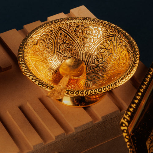 Gold Plated 2 Bowl & Tray Set with Wooden Box | Luxury Gift Hamper