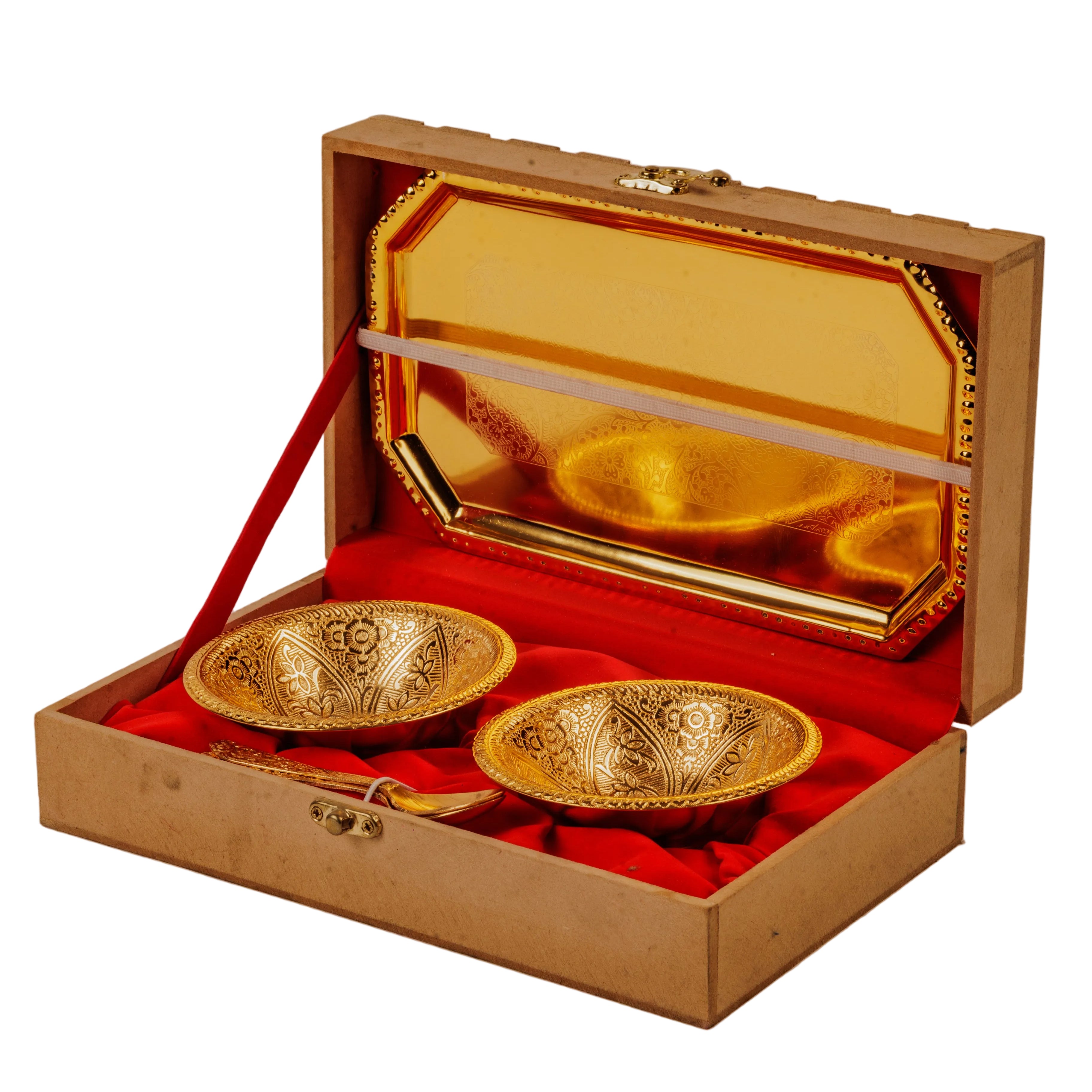 Gold Plated 2 Bowl & Tray Set with Wooden Box | Luxury Gift Hamper