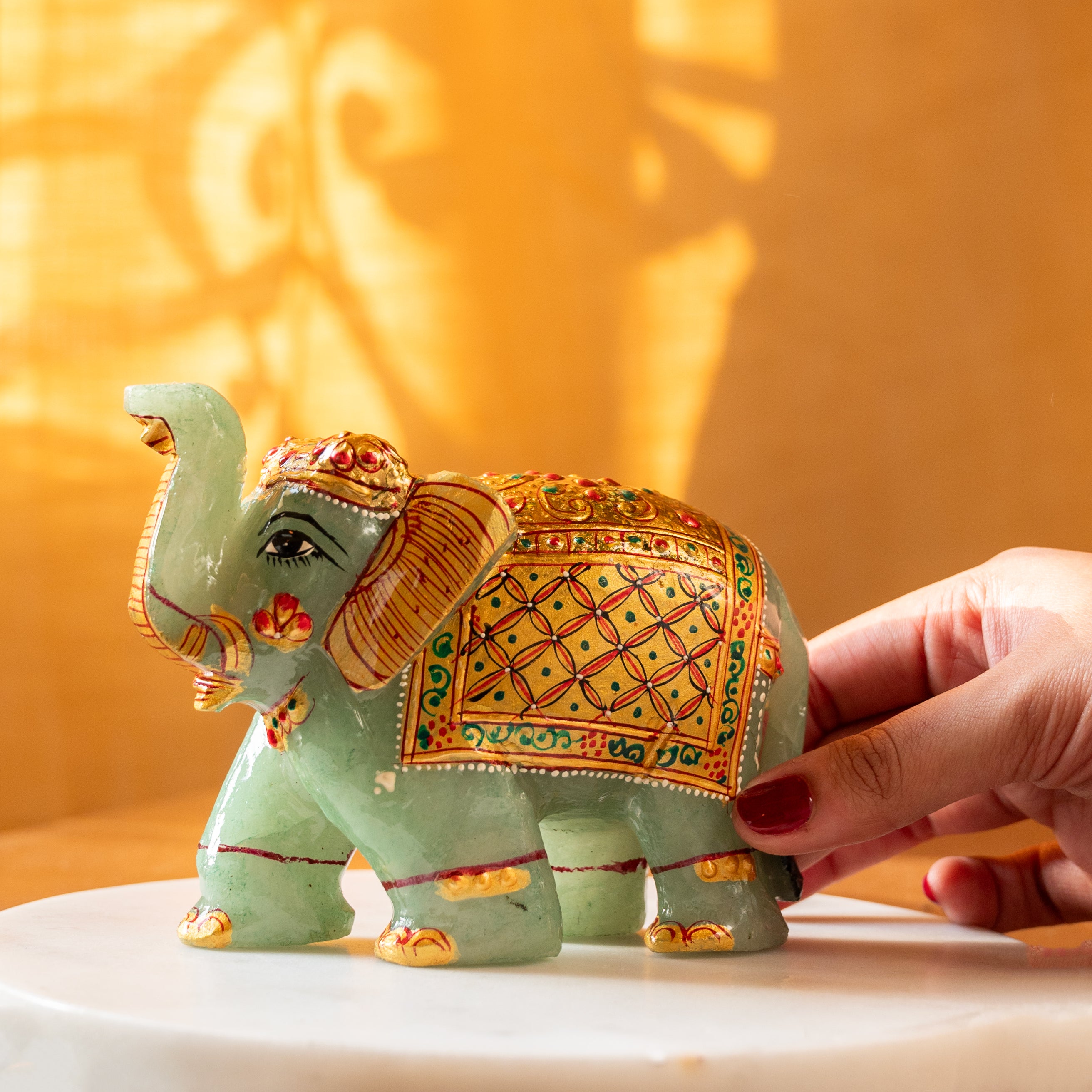 Green Aventurine Elephant with Meenakari Artwork
