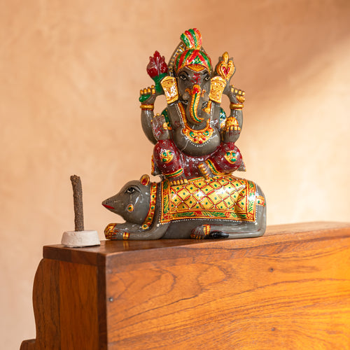 Grey Quartz Ganesha Sitting on a rat