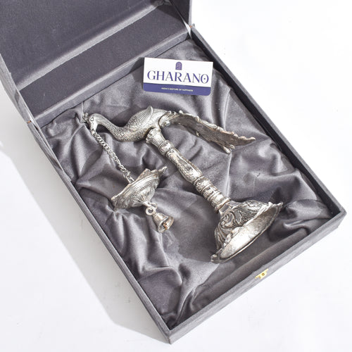 German Silver Plated Peacock with Hanging Diya