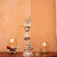 Premium Silver-Plated Elephant and Peacock Diya