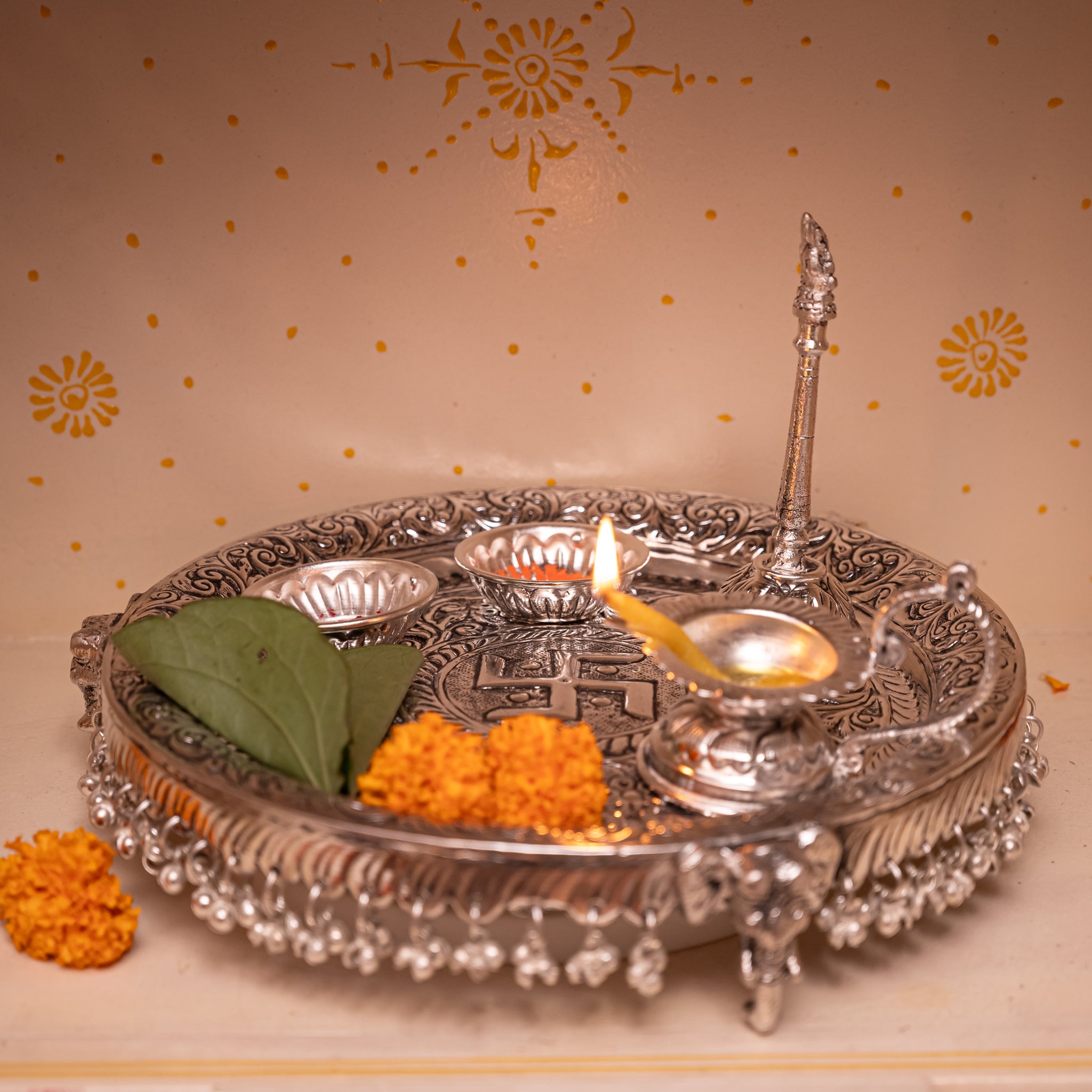 Premium Silver-Plated Ghungroo Pooja Thali Set with Elephant Base