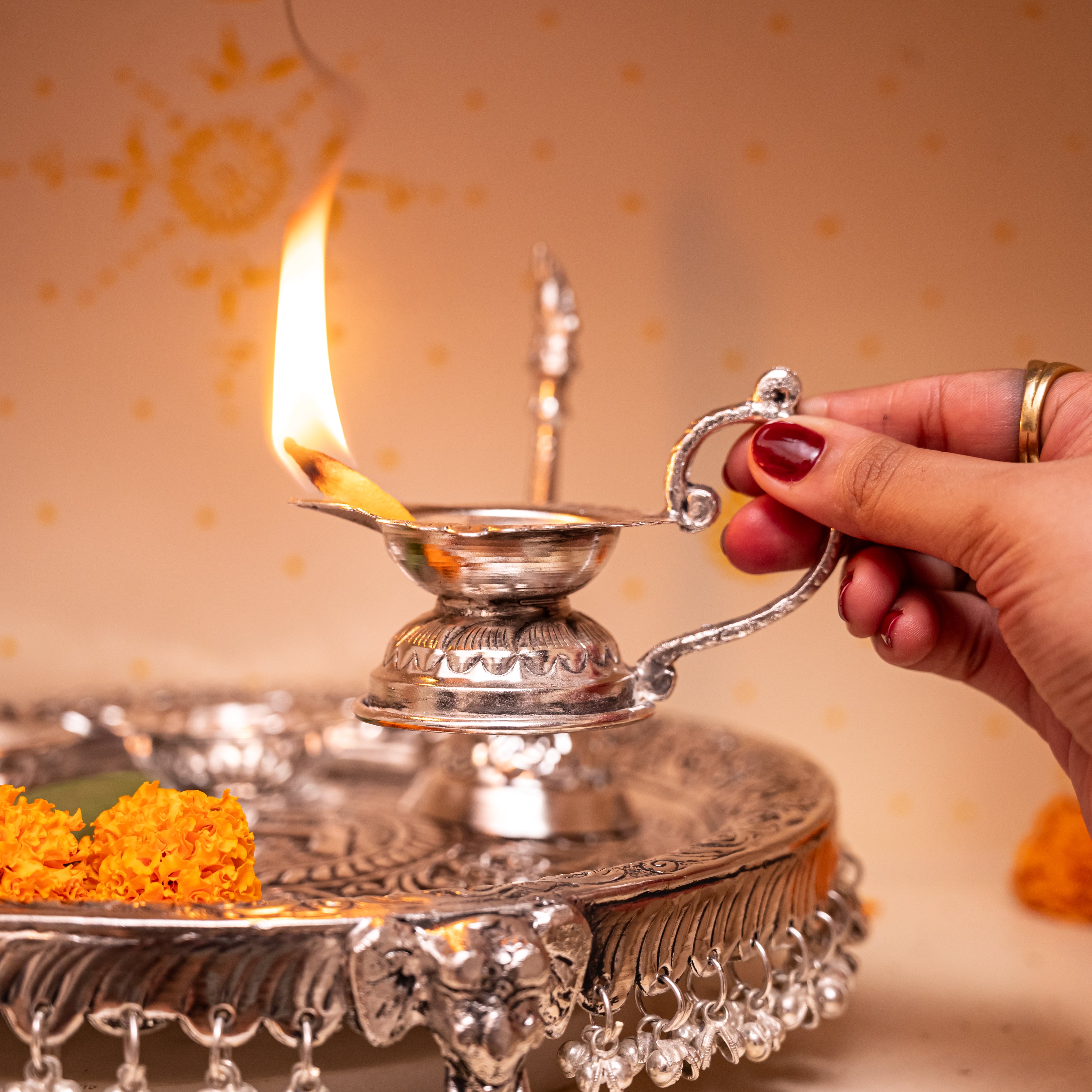 Premium Silver-Plated Ghungroo Pooja Thali Set with Elephant Base