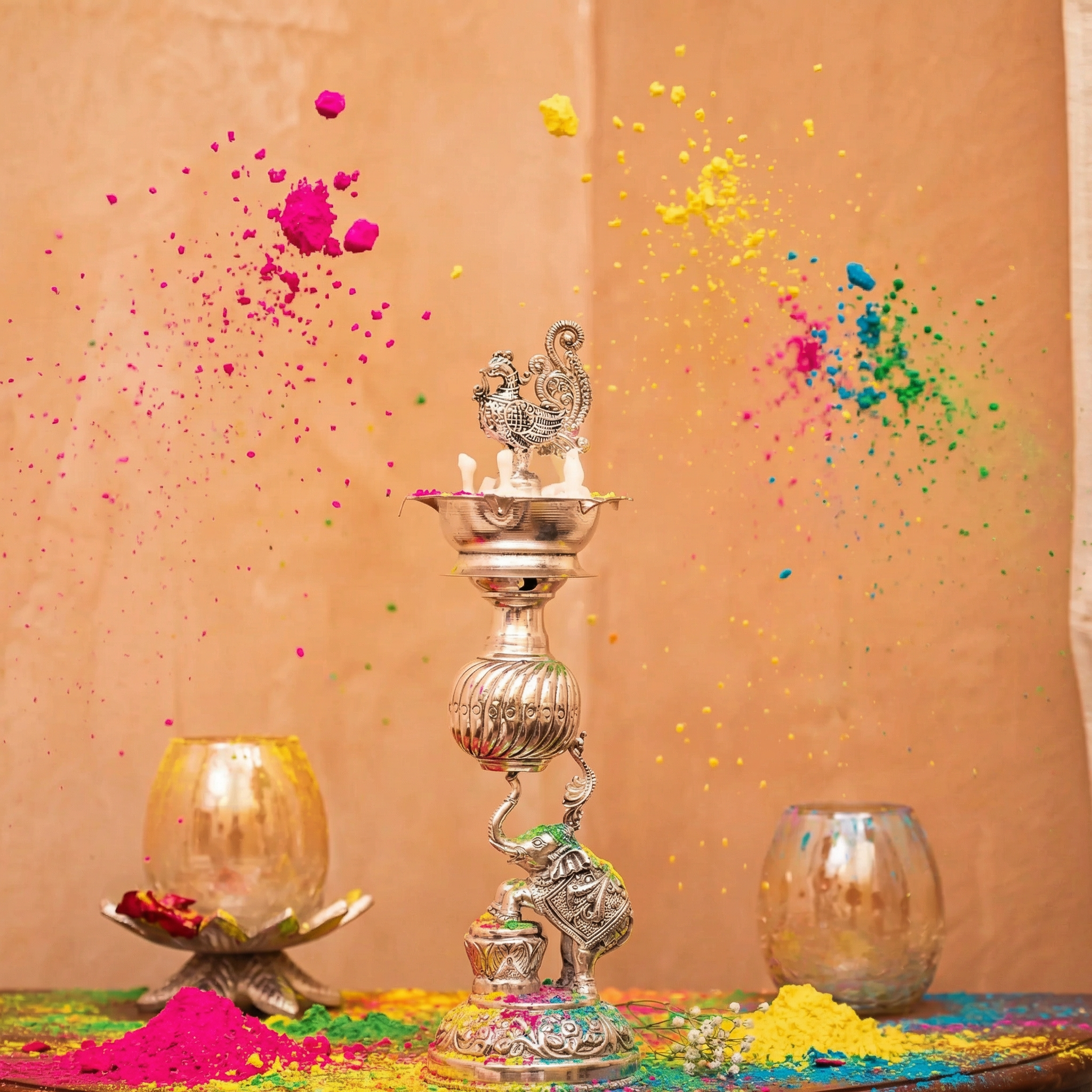 Premium Silver-Plated Elephant and Peacock Diya