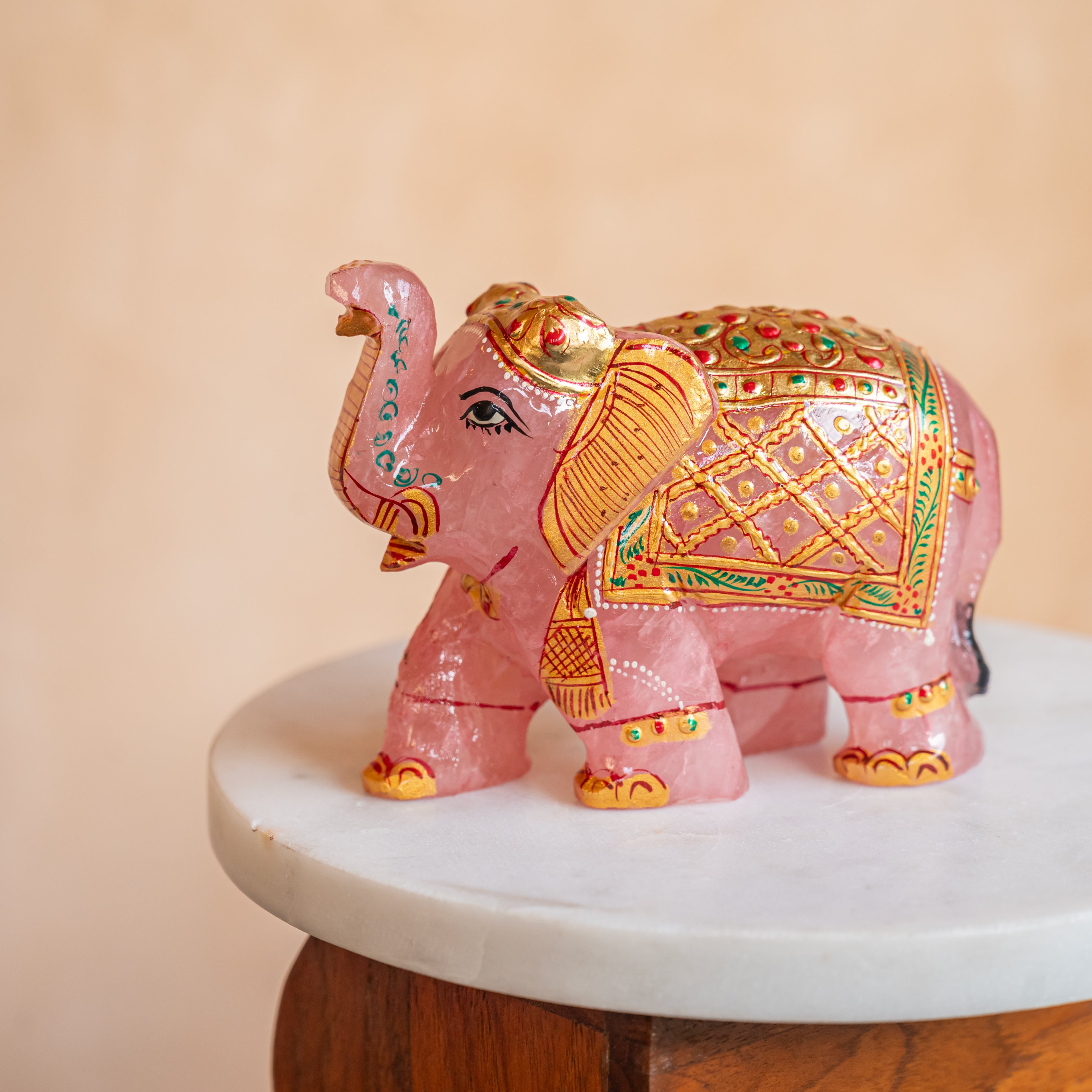 Rose Quartz Elephant with Meenakari Work