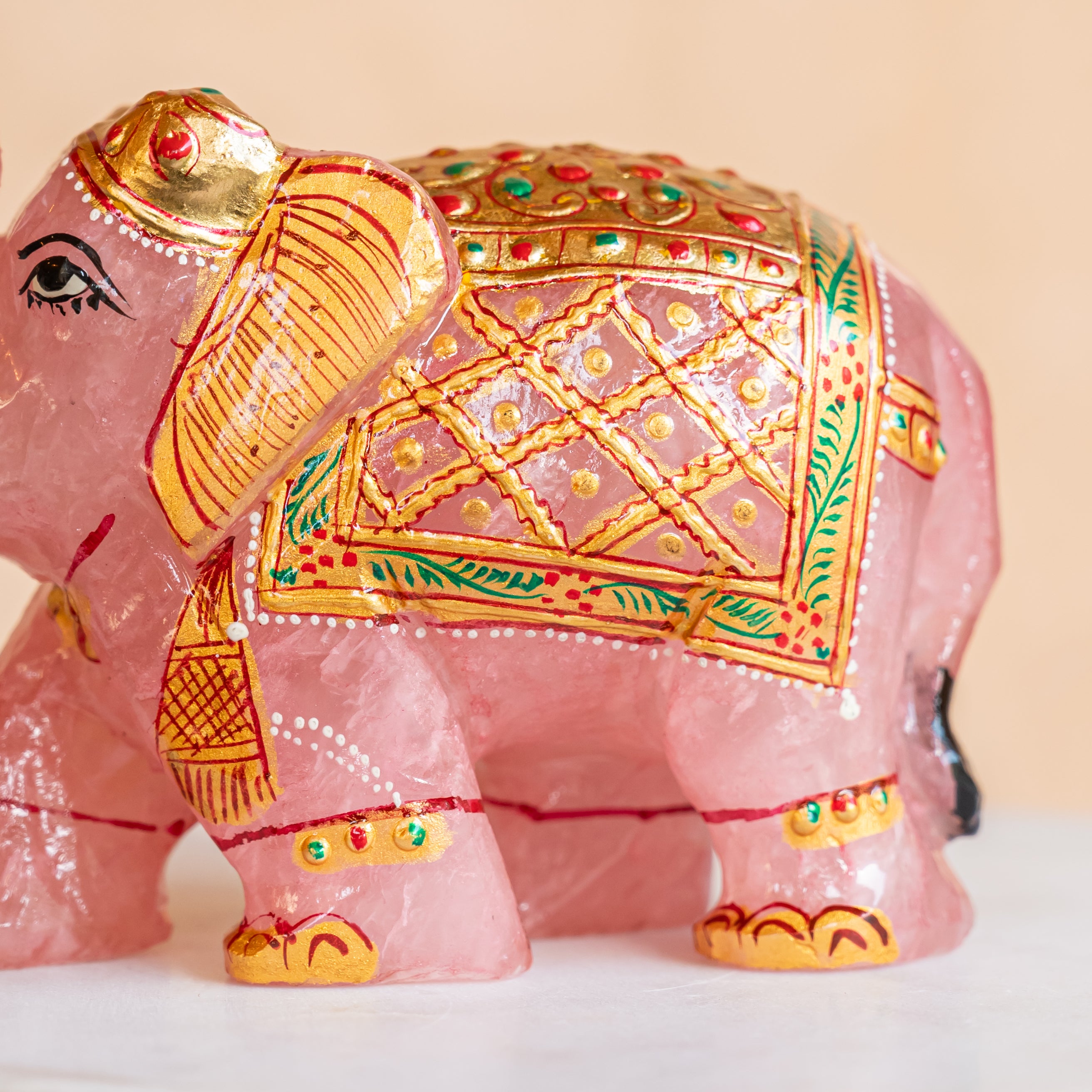 Rose Quartz Elephant with Meenakari Work
