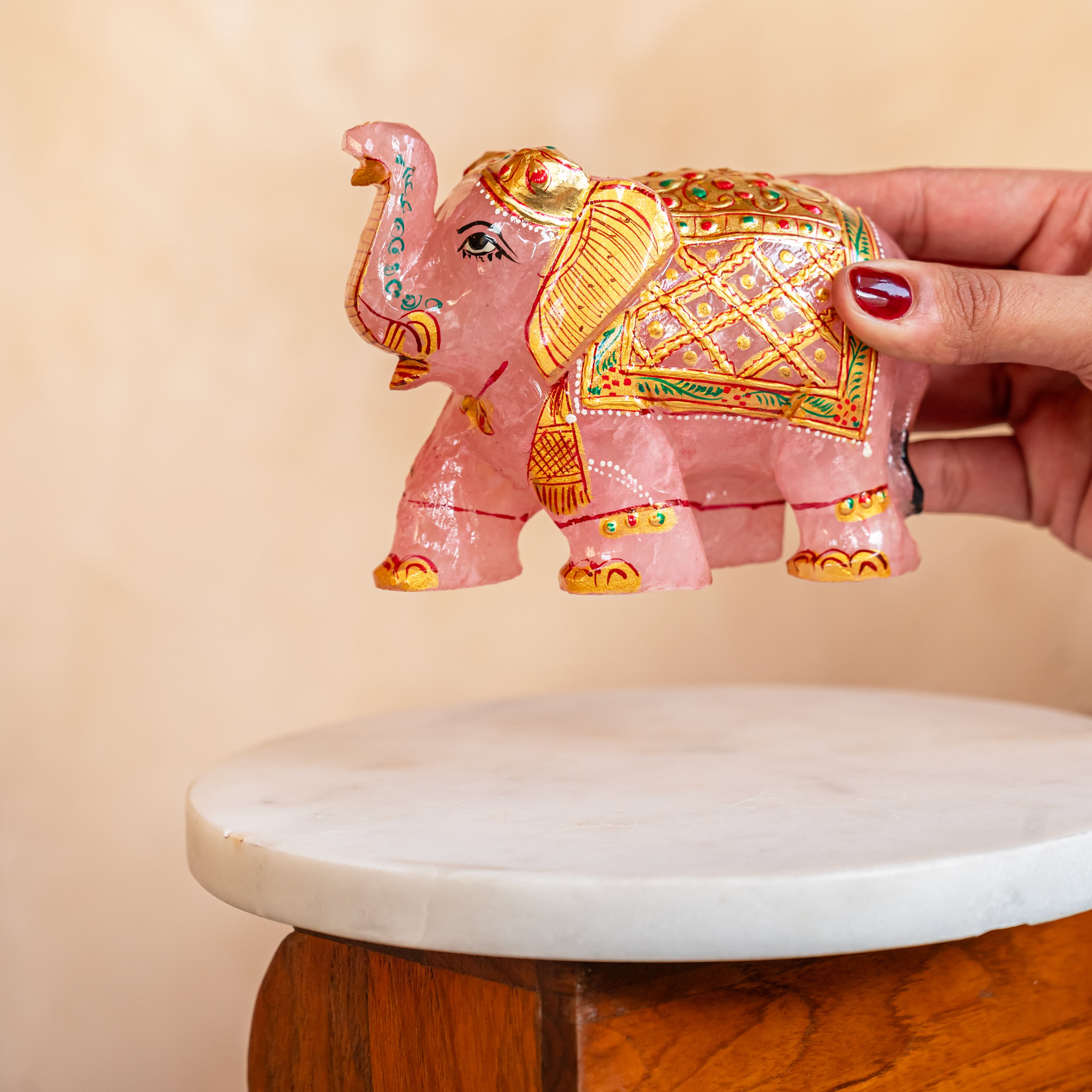 Rose Quartz Elephant with Meenakari Work