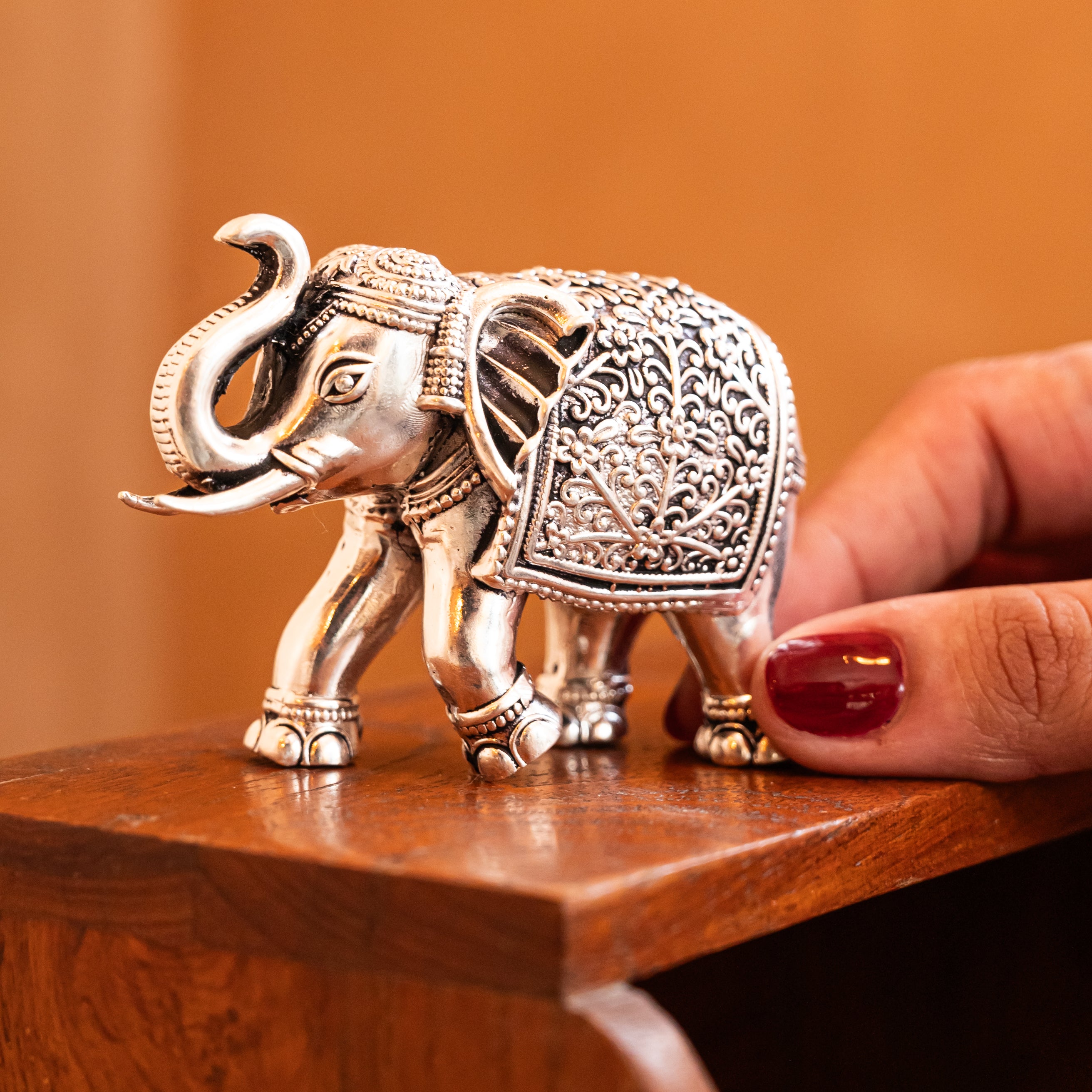 Set of 2 Premium Hand-Carved Brass Elephants with Silver Plating