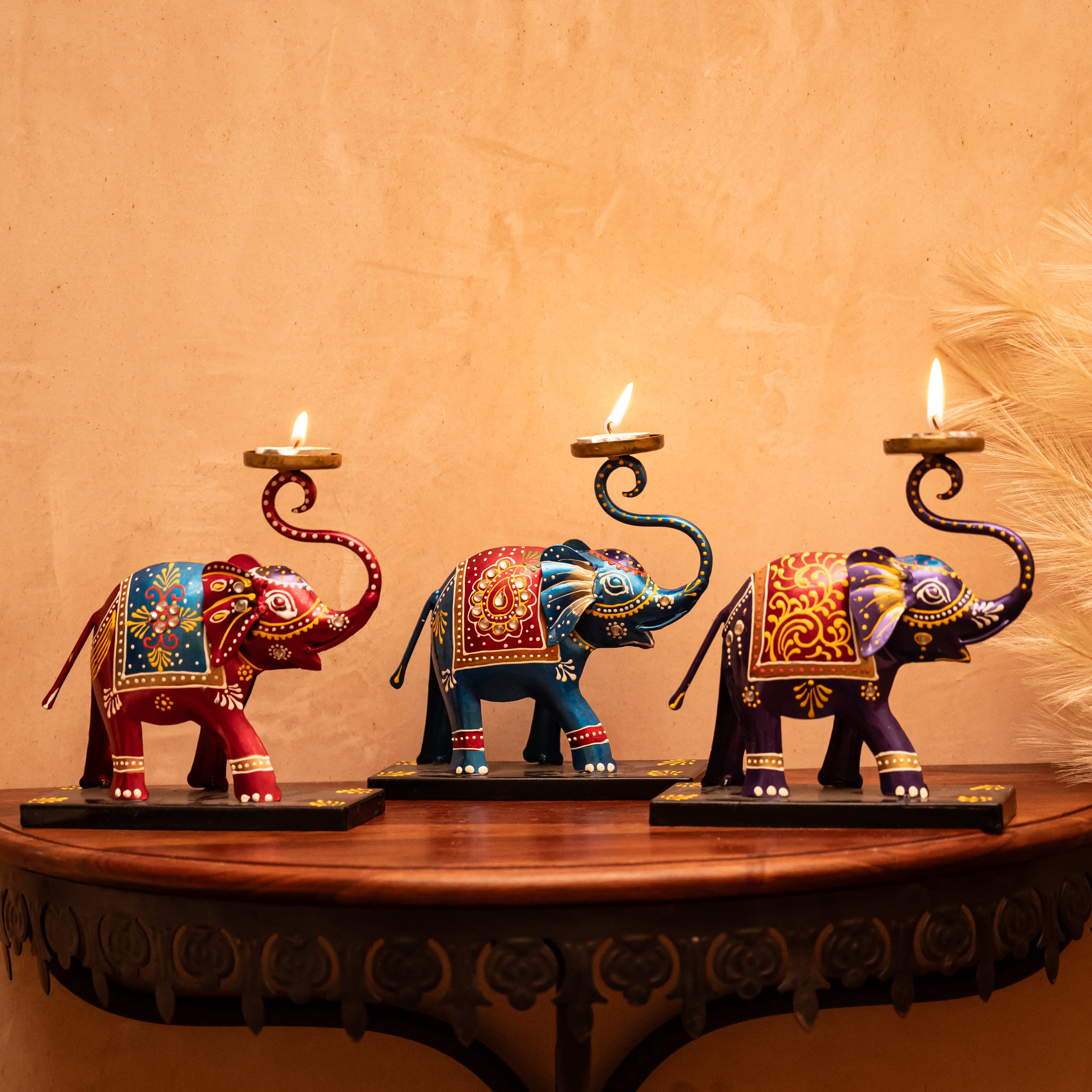 Set of 3 Elephants with Upside Trunks and Tea Light Holders