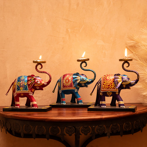 Set of 3 Elephants with Upside Trunks and Tea Light Holders