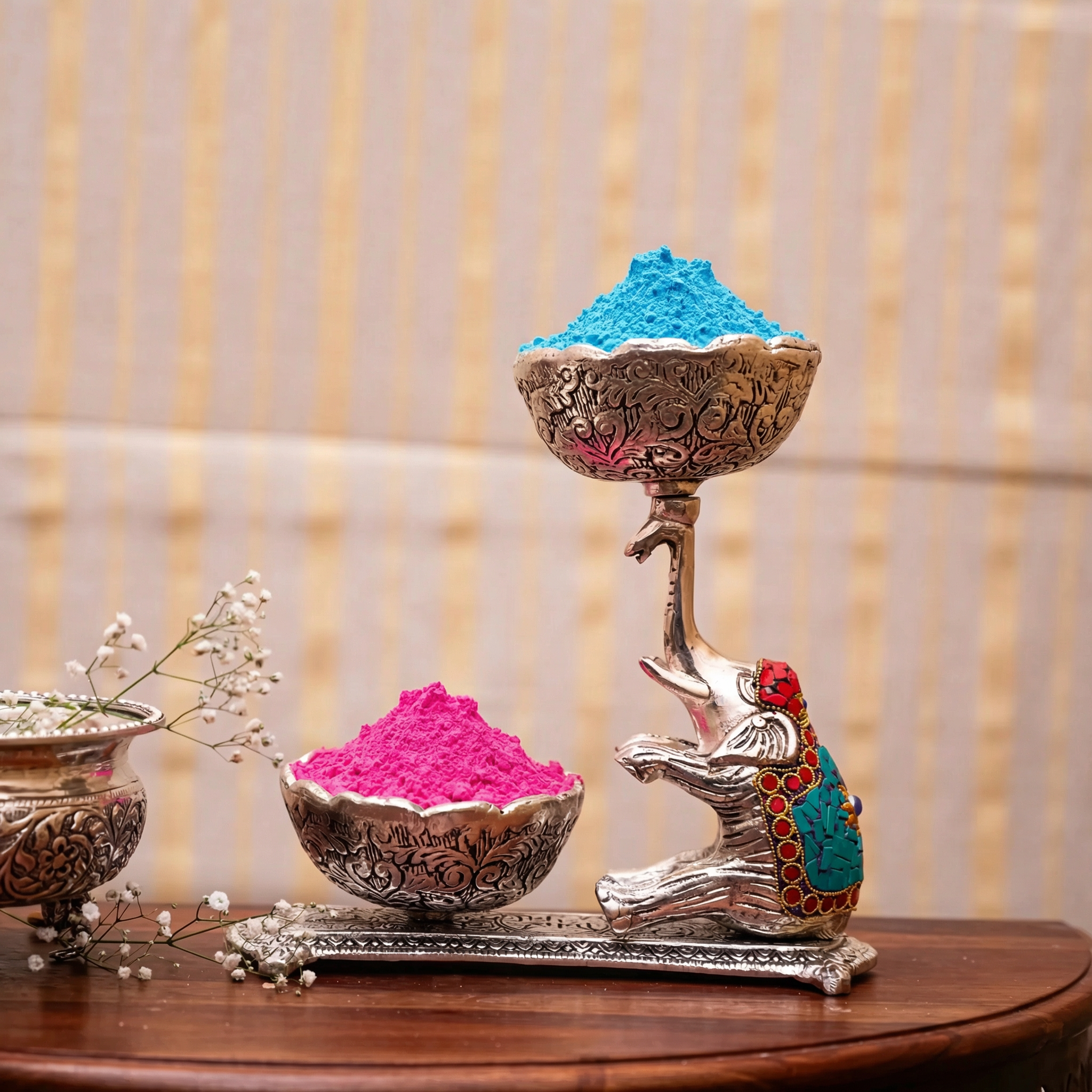 Upside Trunk Elephant for Dry Fruit Serving with Tangerine Quartz and Lapis Lazuli Details